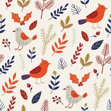 Pattern with red cardinal bird and evergreen plants. Stock Illustration