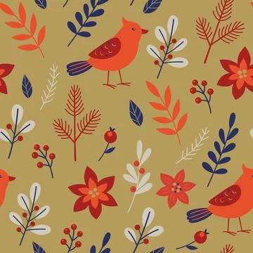 Pattern with red cardinal bird and evergreen plants. Stock Illustration