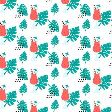 Pattern with red cauliflower and monstera leaves Stock Illustration