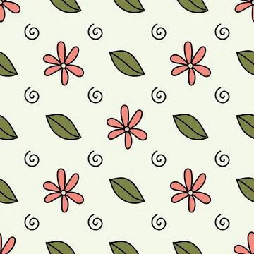 Pattern of red chamomile with leaf on pale green background Stock Illustration