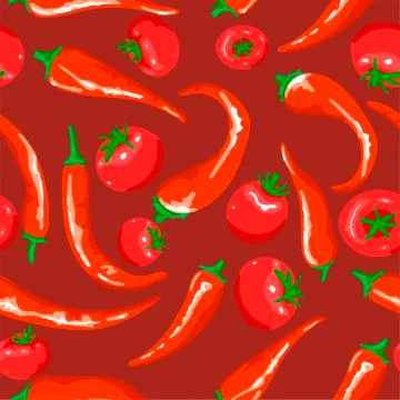 Pattern of red chili peppers and cherry tomatoes. Red seamless vector pattern 스톡 일러스트