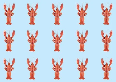 Pattern with red crayfishes on a blue background, horizontal, top view Stockfoto's