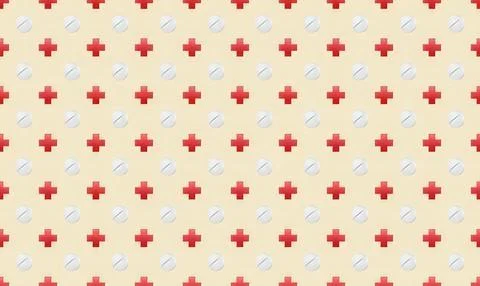 Pattern of red crosses and white pills on light yellow background Stock Illustration