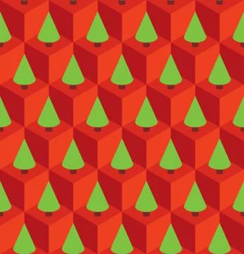 Pattern red cubes green trees Stock Illustration