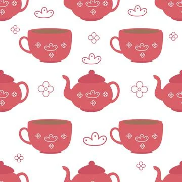 A pattern of red cups and a teapot on a white background Stock Illustration