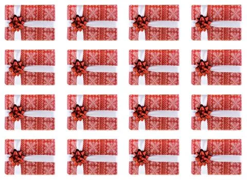 Pattern red festive boxes bow ribbon many gifts white base Stock Photos