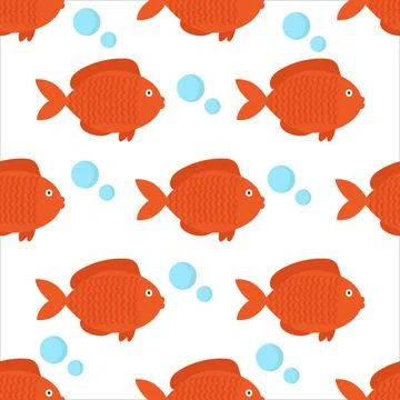 Pattern of red fish and bubbles on white background for use in textile design Stock Illustration