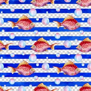 Pattern red fish on a striped watercolor background Stock Illustration