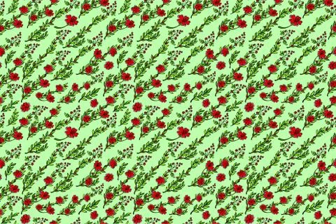 Pattern with red flowers on green background Stock Illustration