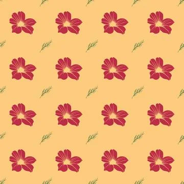 A pattern of red flowers with green leaves is printed on a yellow background Stock Illustration