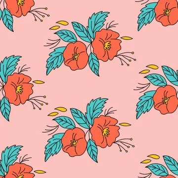 Pattern with red flowers on a pink background Illustrazione stock