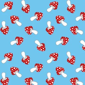 Pattern red fly agaric on a blue background. Vector illustration Stock Illustration