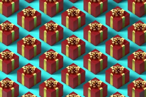 Pattern from red gift boxes with golden ribbon and bow on blue background. 3d Stock Photos