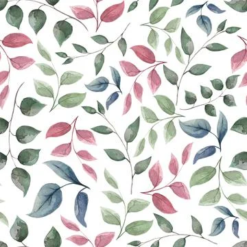 Pattern of red green turquoise blue watercolor leaves on an isolated backgrou Stock Illustration