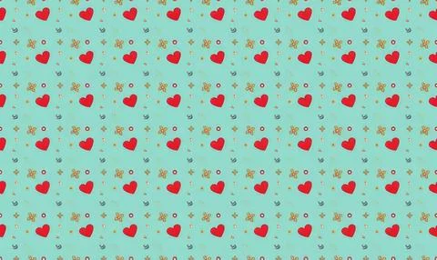Pattern of red hearts and gold stars on teal background Stock Illustration