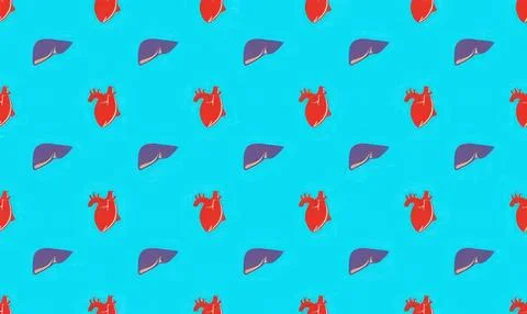 Pattern of red hearts and purple lips on blue background Stock Illustration