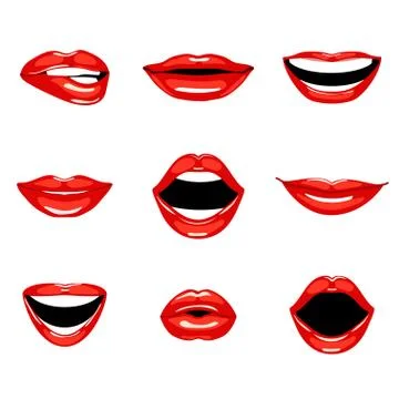 Pattern with red kissing and smiling cartoon lips. Set. Ilustração Stock