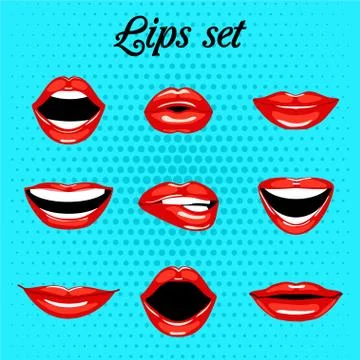 Pattern with red kissing and smiling cartoon lips. Set. Ilustração Stock