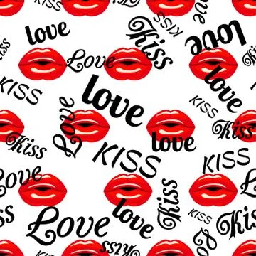 Pattern with red kissing lips and type Stock Illustration
