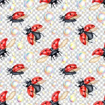 Pattern red ladybugs and soap bubbles watercolor Stock Illustration