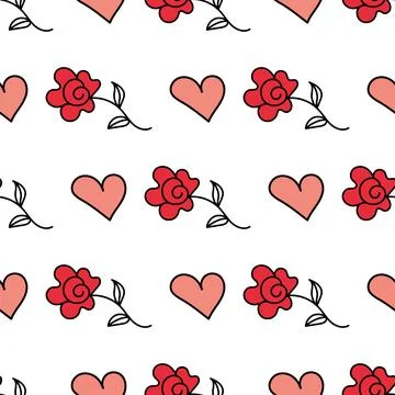 Pattern of red rose and heart in style of doodle Stock Illustration
