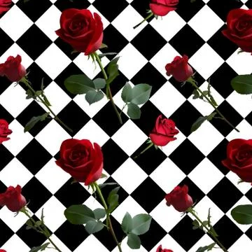 A pattern with red roses with green leaves and a long stem Stock Illustration