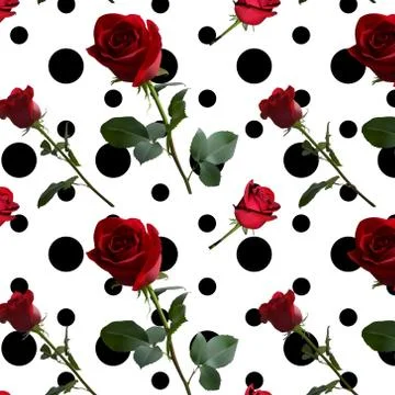 A pattern with red roses with green leaves and a long stem Stock Illustration