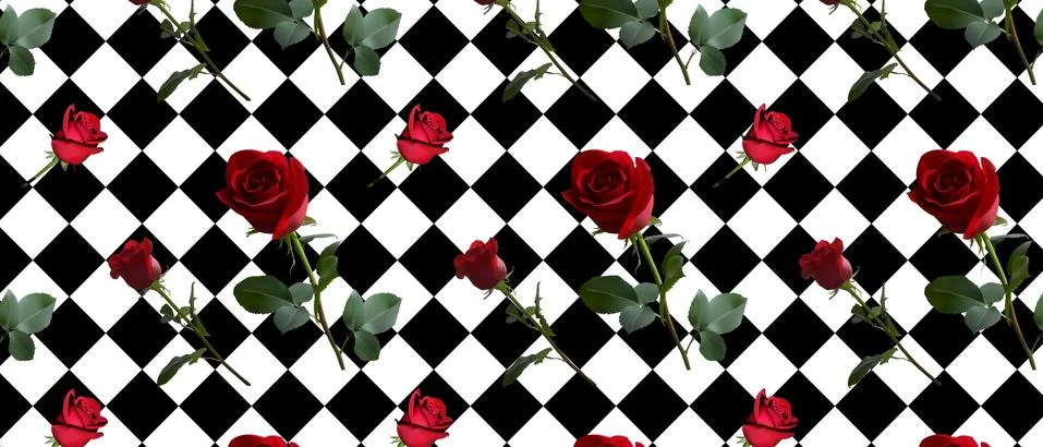 A pattern with red roses with green leaves and a long stem on the background  イラスト素材