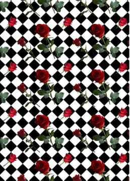 A pattern with red roses with green leaves and a long stem on the background  Stock Illustration