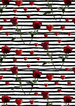 Pattern with red roses on a long stem with green leaves on a background of black Stock Illustration