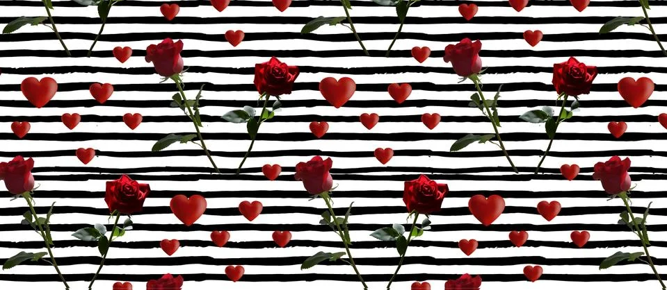 Pattern with red roses on a long stem with green leaves on a background of black Stock Illustration