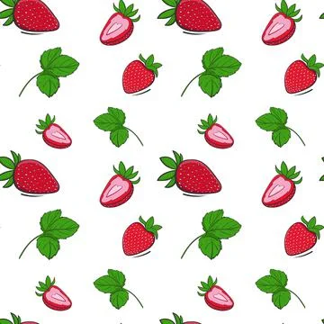 The pattern is red strawberries with green leaves. Summer background. Stock Illustration