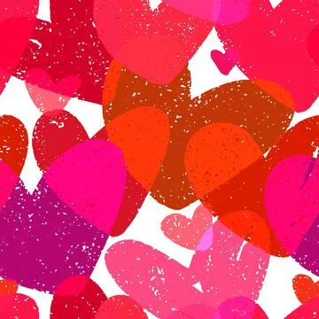 Pattern with red textured hearts. Seamless colorful romantic background. Stock Illustration