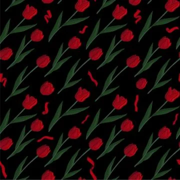 Pattern with red tulips on black background Stock Illustration
