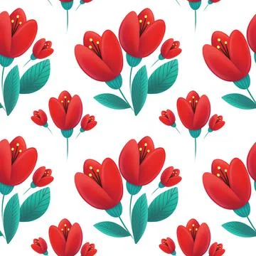 Pattern of red tulips with green leaves on a white background Stock Illustration