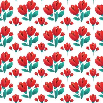 Pattern of red tulips with green leaves on a white background Stock Illustration