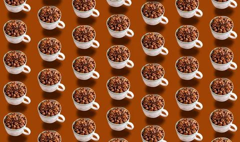 A pattern with a repeating mug containing coffee beans. Grocery pattern. Stock Photos