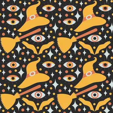Pattern with retro 70s style Halloween elements. Stock Illustration