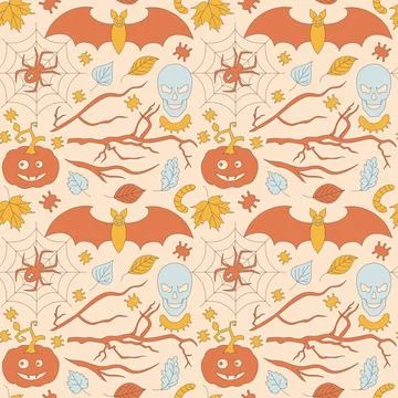 Pattern with retro 70s style Halloween elements. Stock Illustration