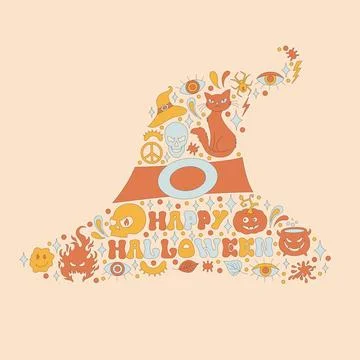 Pattern with retro 70s style Halloween elements. Stock Illustration