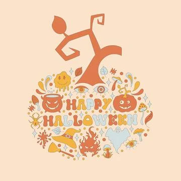 Pattern with retro 70s style Halloween elements. Stock Illustration