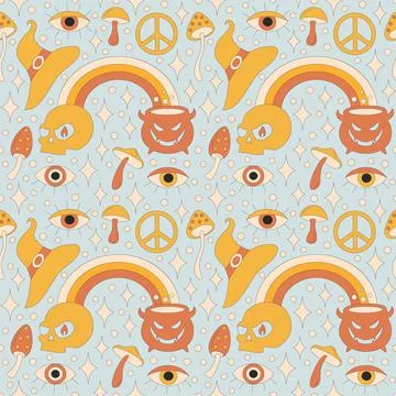 Pattern with retro 70s style Halloween elements. Stock Illustration