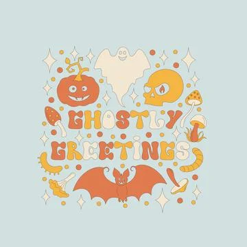 Pattern with retro 70s style Halloween elements. Stock Illustration