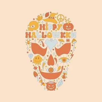 Pattern with retro 70s style Halloween elements. Stock Illustration