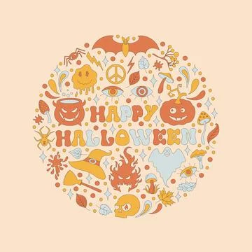 Pattern with retro 70s style Halloween elements. Stock Illustration
