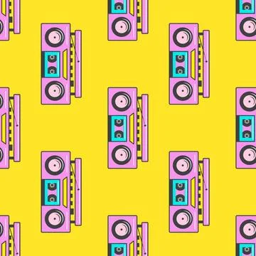 Pattern with a retro tape recorder on a yellow background. Boombox in flat style Stock Illustration