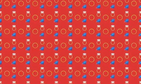 Pattern with rings, blue hats, and white objects on red background Stock Illustration