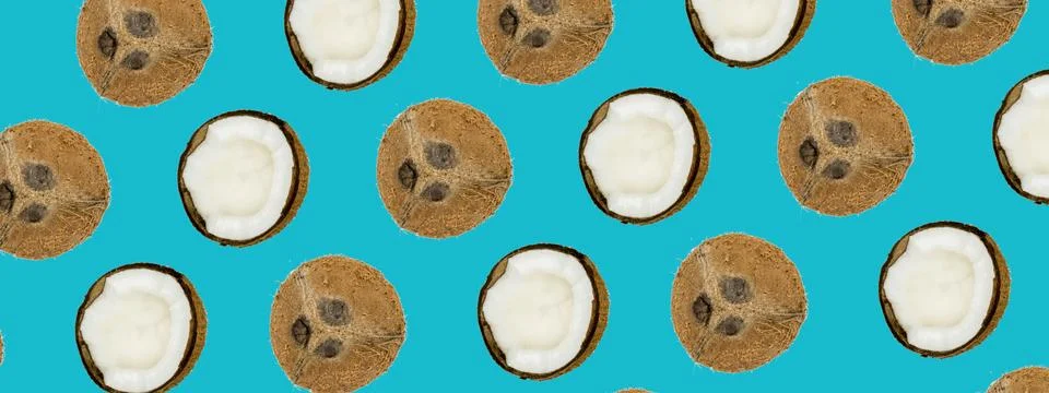 Pattern with ripe coconuts on blue background. Banner. Stock Photos