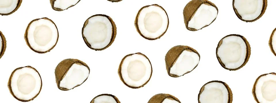 Pattern with ripe coconuts on white background. Banner. Foto stock