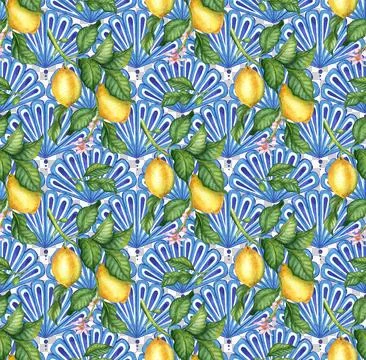 Pattern of ripe lemons on blue patterned background watercolor Illustrazione stock
